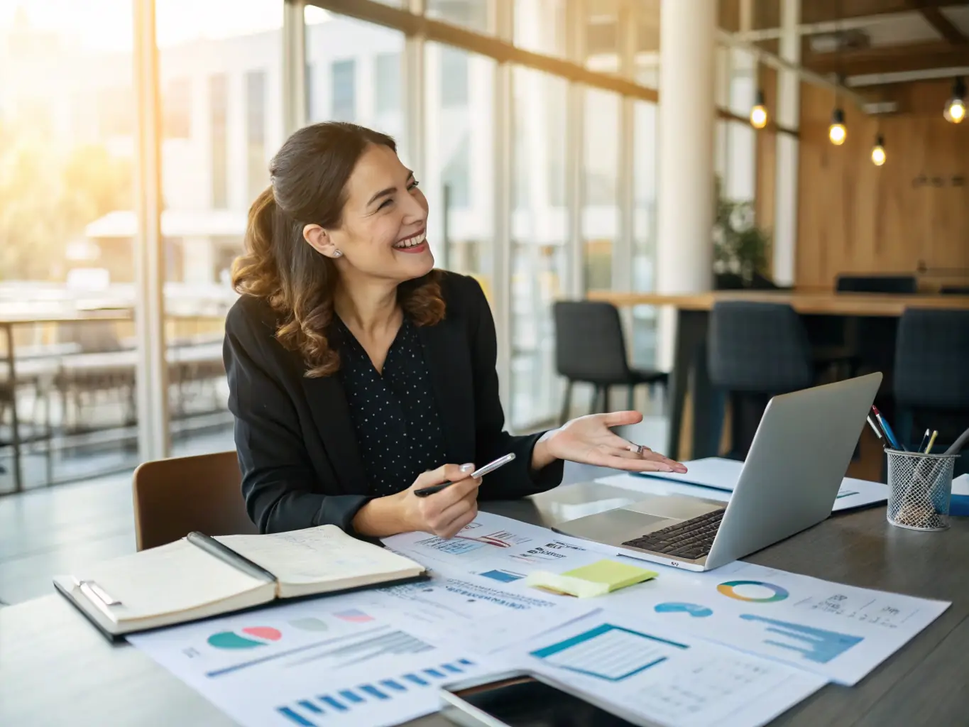 A successful woman entrepreneur overseeing her assets, with a focus on a modern, well-managed portfolio, illustrating effective asset management.