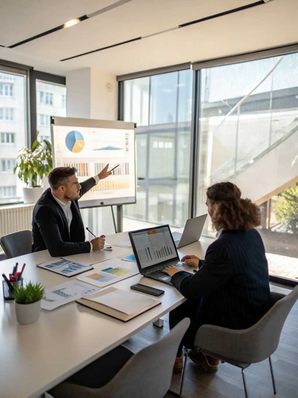 A coach guiding a woman entrepreneur through asset management techniques, using digital tools and charts to illustrate financial concepts.