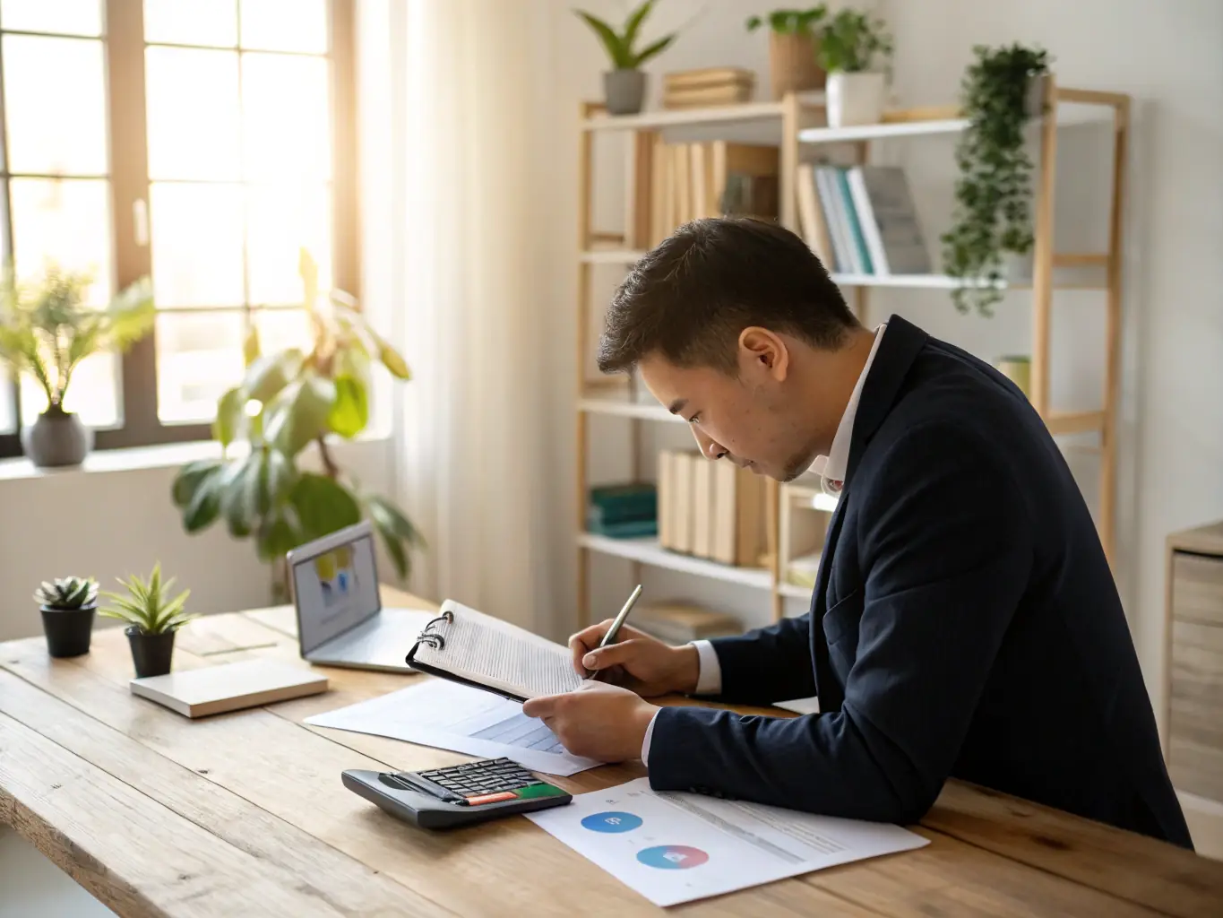 A determined woman entrepreneur reviewing financial documents in a modern office, sunlight streaming through the window, symbolising strategic financial planning.