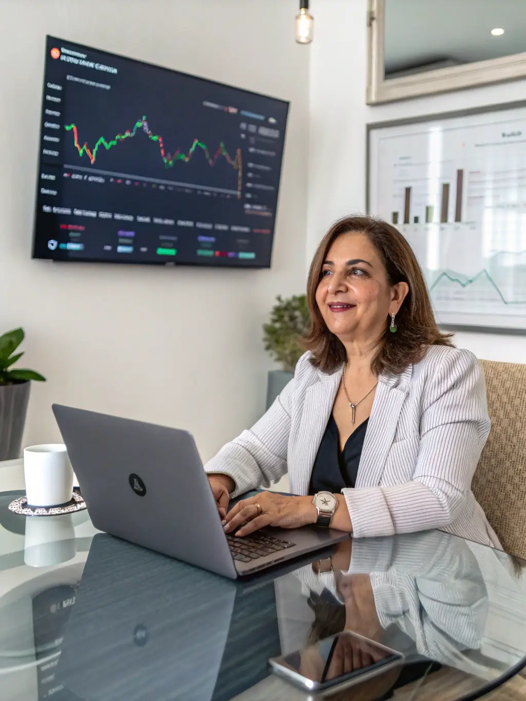 A woman entrepreneur confidently making economic planning decisions with the support of her coach, using data-driven insights and strategic thinking.