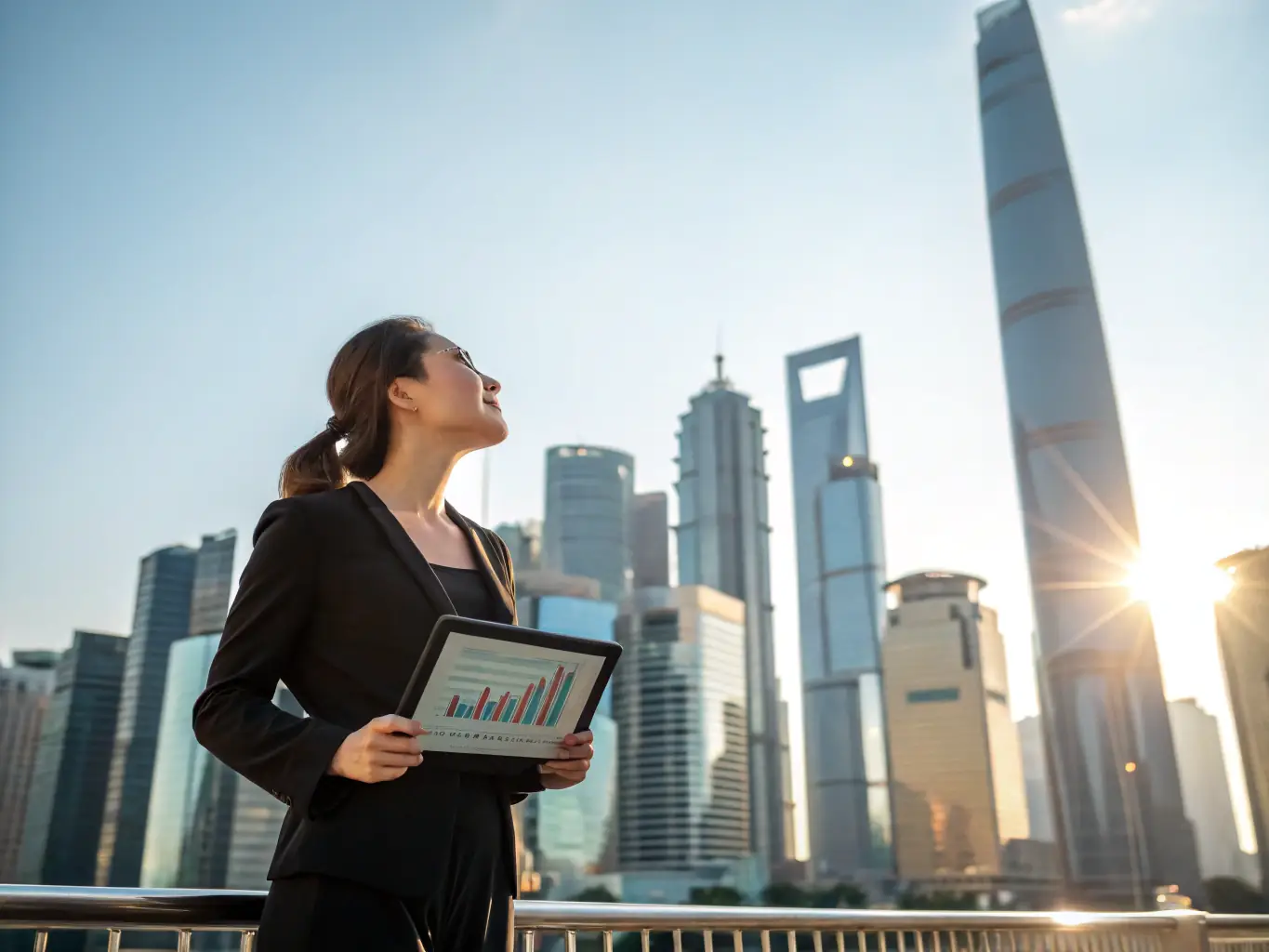 A confident woman entrepreneur analyzing investment charts on a tablet, with a cityscape visible in the background, representing informed investment decisions.