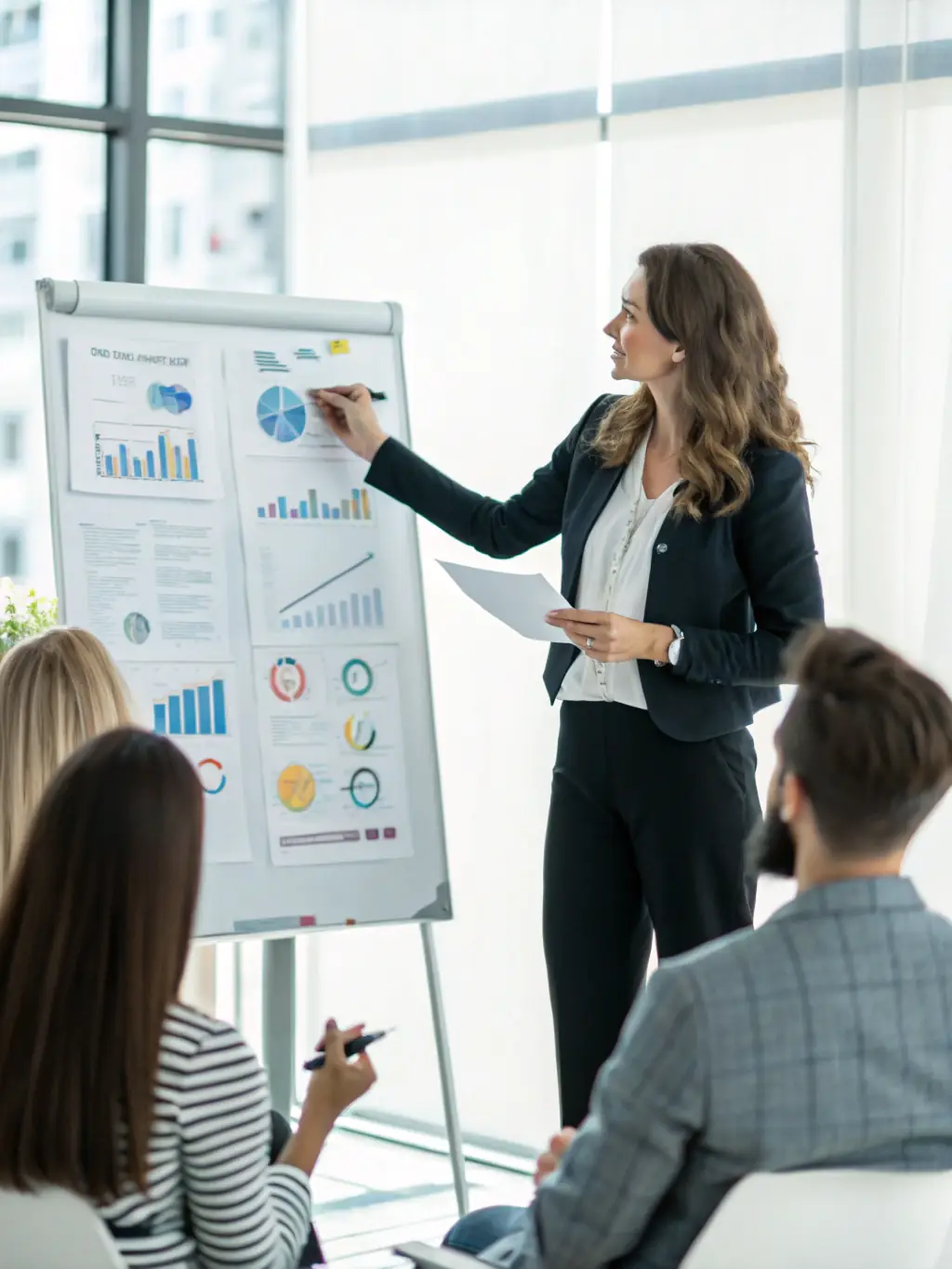 A woman entrepreneur confidently presenting her investment strategy to a group of investors, showcasing potential returns and financial growth.