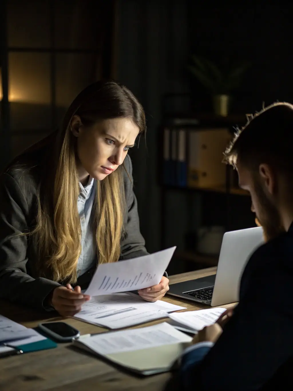 A professional woman entrepreneur in a focused discussion with her coach, reviewing financial documents and investment options in a modern office setting.